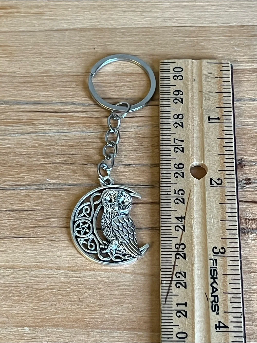 Keyring-Owl on Crescent Moon Charm Keyring-Silver Hardware-NWOT